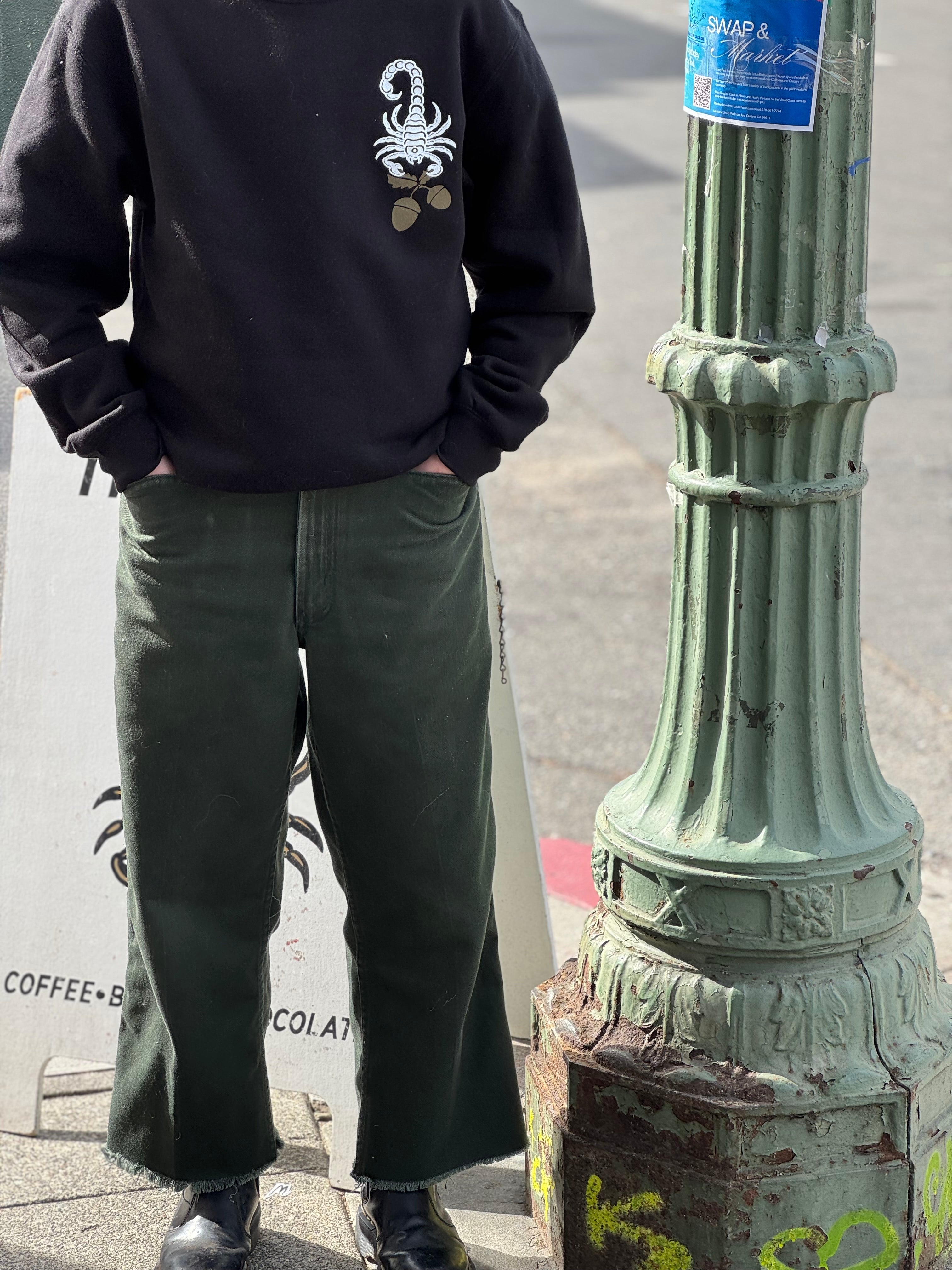 A person stands next to a green lamppost, wearing green jeans, and a black crewneck sweatshirt; the front has a white scorpion holding golden acorns in the upper right hand corner (of the photo, left hand corner on the shirt itself). Their hands are in both jeans pockets.