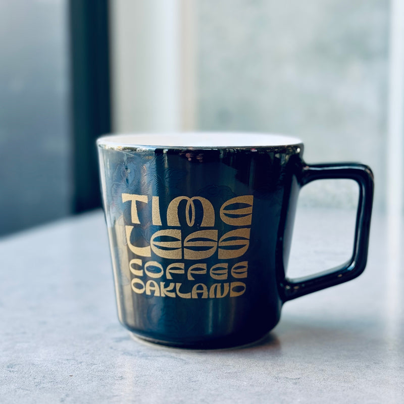 Timeless Coffee Roasters Black Diner Mug with Gold Writing